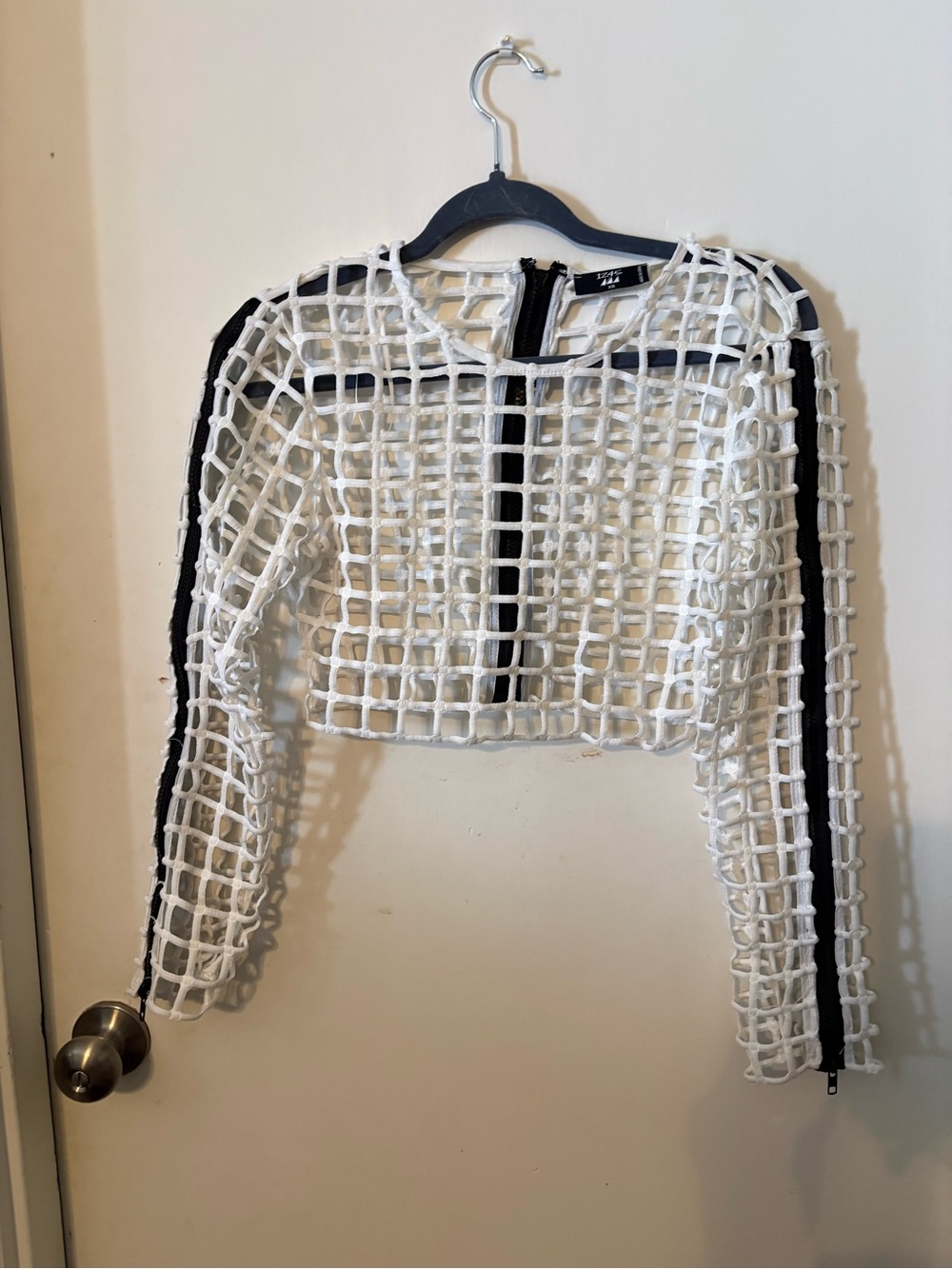 Zara White Open-Weave Cropped Grid Top with Black Trim